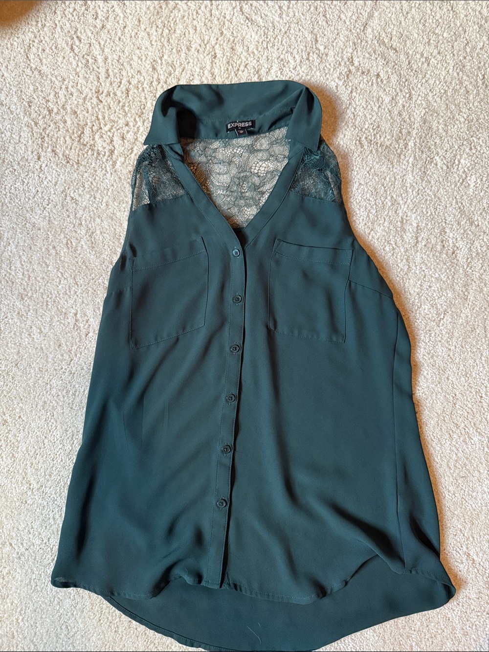 Express Dark Teal Lace-Yoke Sleeveless Button-Down Top